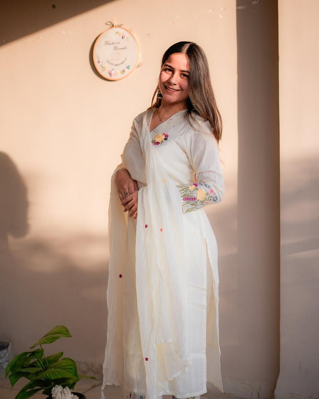 Elegant Embroidered Cotton Suit Set with Sleeves, Border & Full Dupatta | Bagrubazzar
