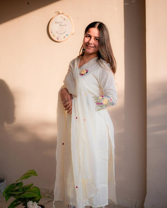 Elegant Embroidered Cotton Suit Set with Sleeves, Border & Full Dupatta | Bagrubazzar