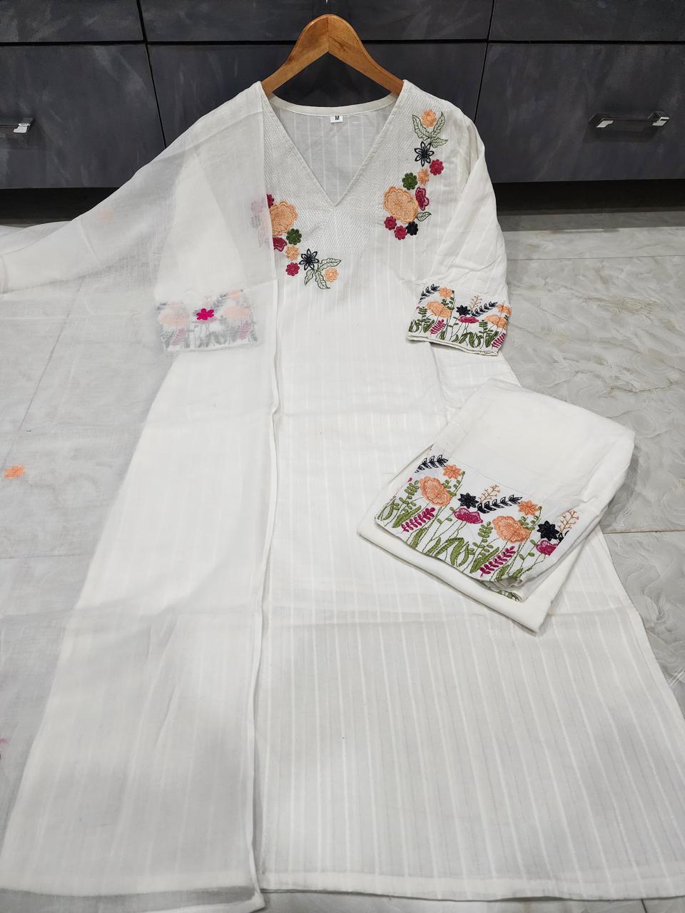Elegant Embroidered Cotton Suit Set with Sleeves, Border & Full Dupatta | Bagrubazzar