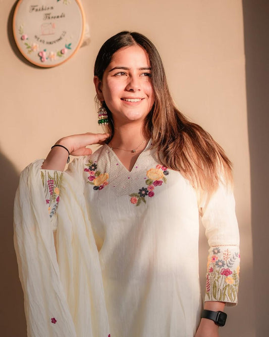 Elegant Embroidered Cotton Suit Set with Sleeves, Border & Full Dupatta | Bagrubazzar
