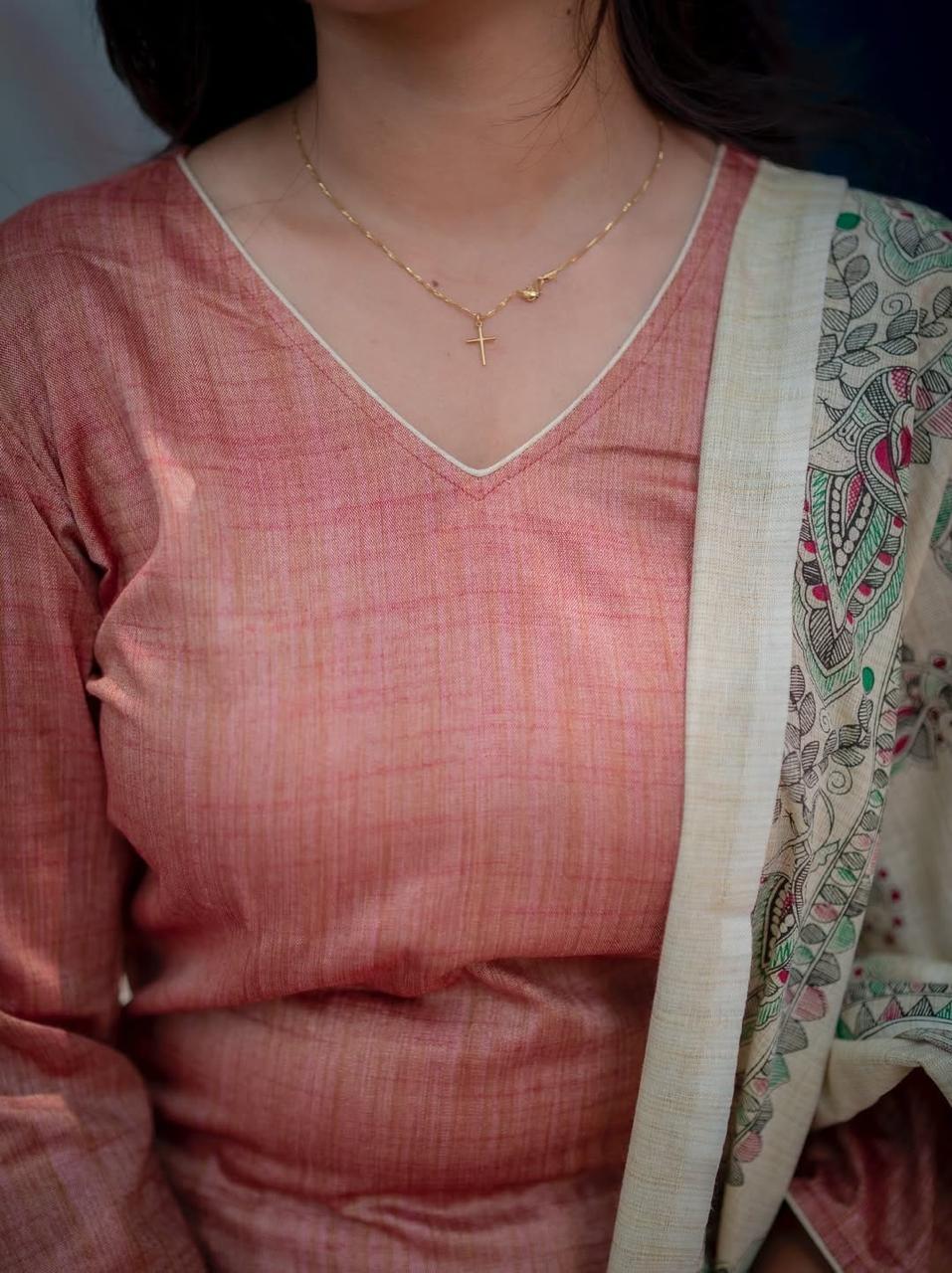 Bagrubazzar South Cotton Kurti with Cotton Slub Pants With Khadi Silk Dupatta (BBKF01)