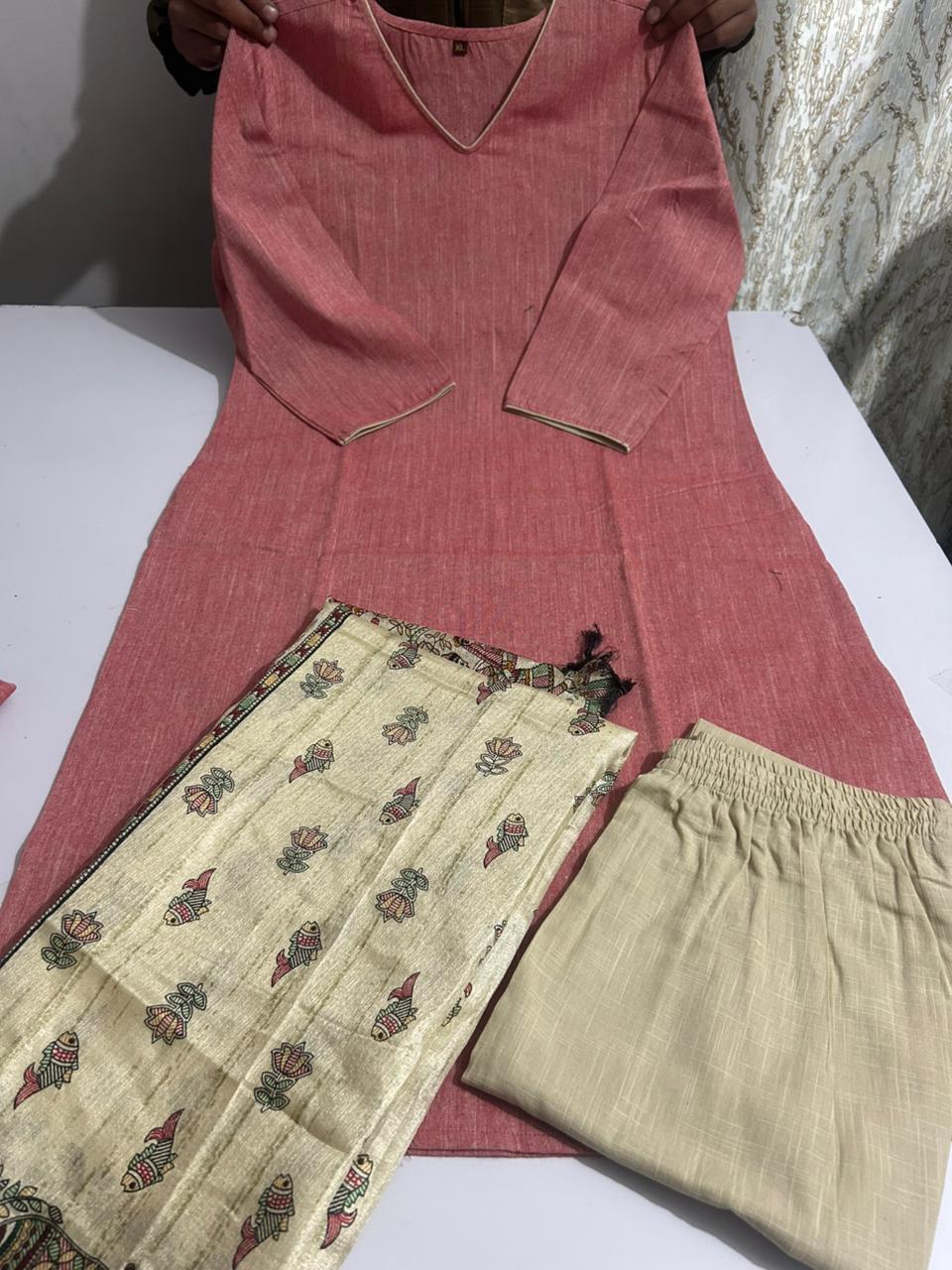 Bagrubazzar South Cotton Kurti with Cotton Slub Pants With Khadi Silk Dupatta (BBKF01)