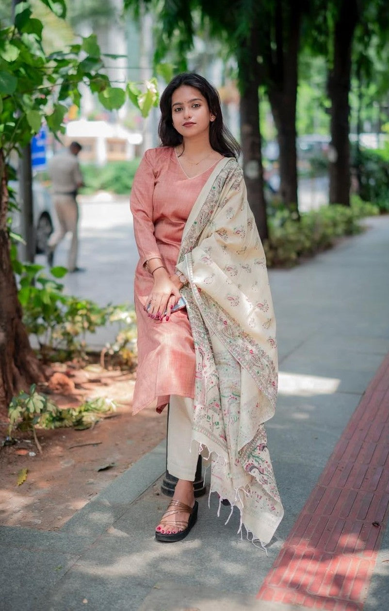 Bagrubazzar South Cotton Kurti with Cotton Slub Pants With Khadi Silk Dupatta (BBKF01)