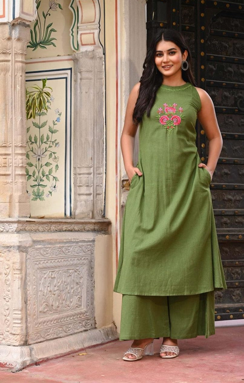 Bagrubazzar A-Line Cotton Kurta Set for Women with Embroidered Neck & Pocket – Elegant Ethnic Wear (BBKF02)