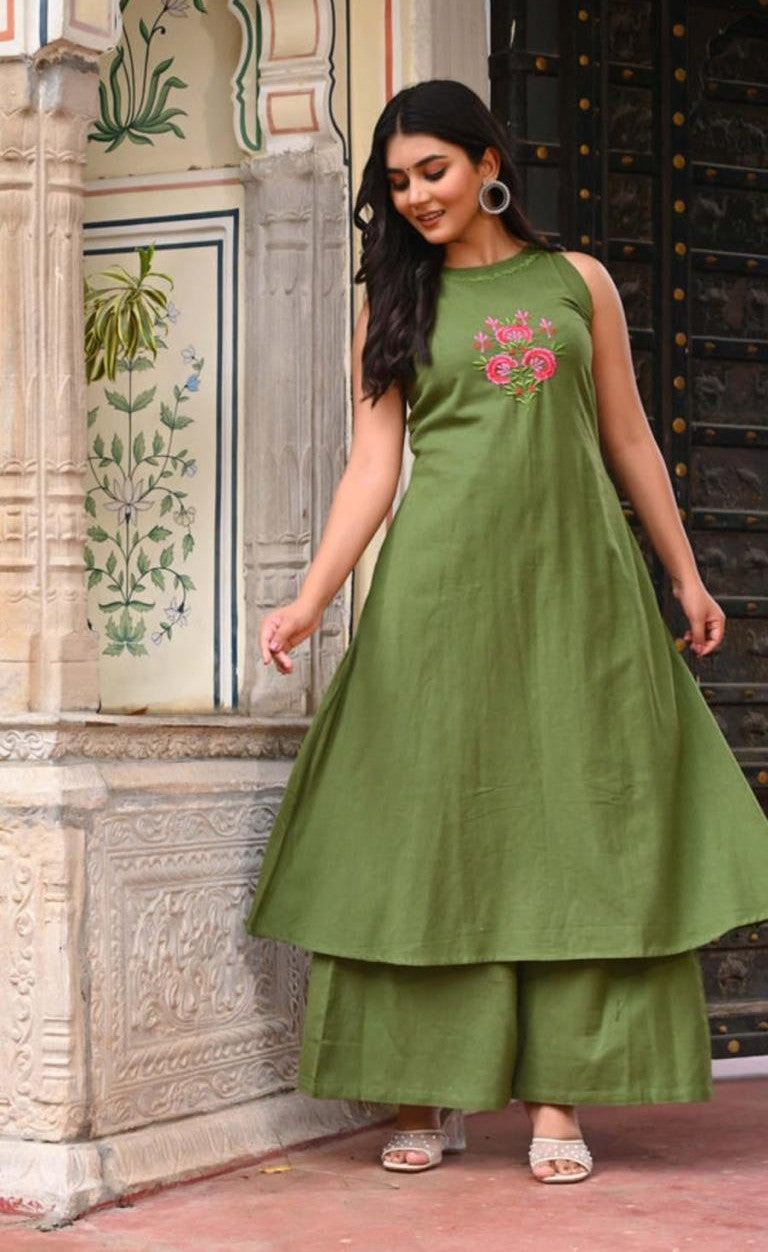 Bagrubazzar A-Line Cotton Kurta Set for Women with Embroidered Neck & Pocket – Elegant Ethnic Wear (BBKF02)