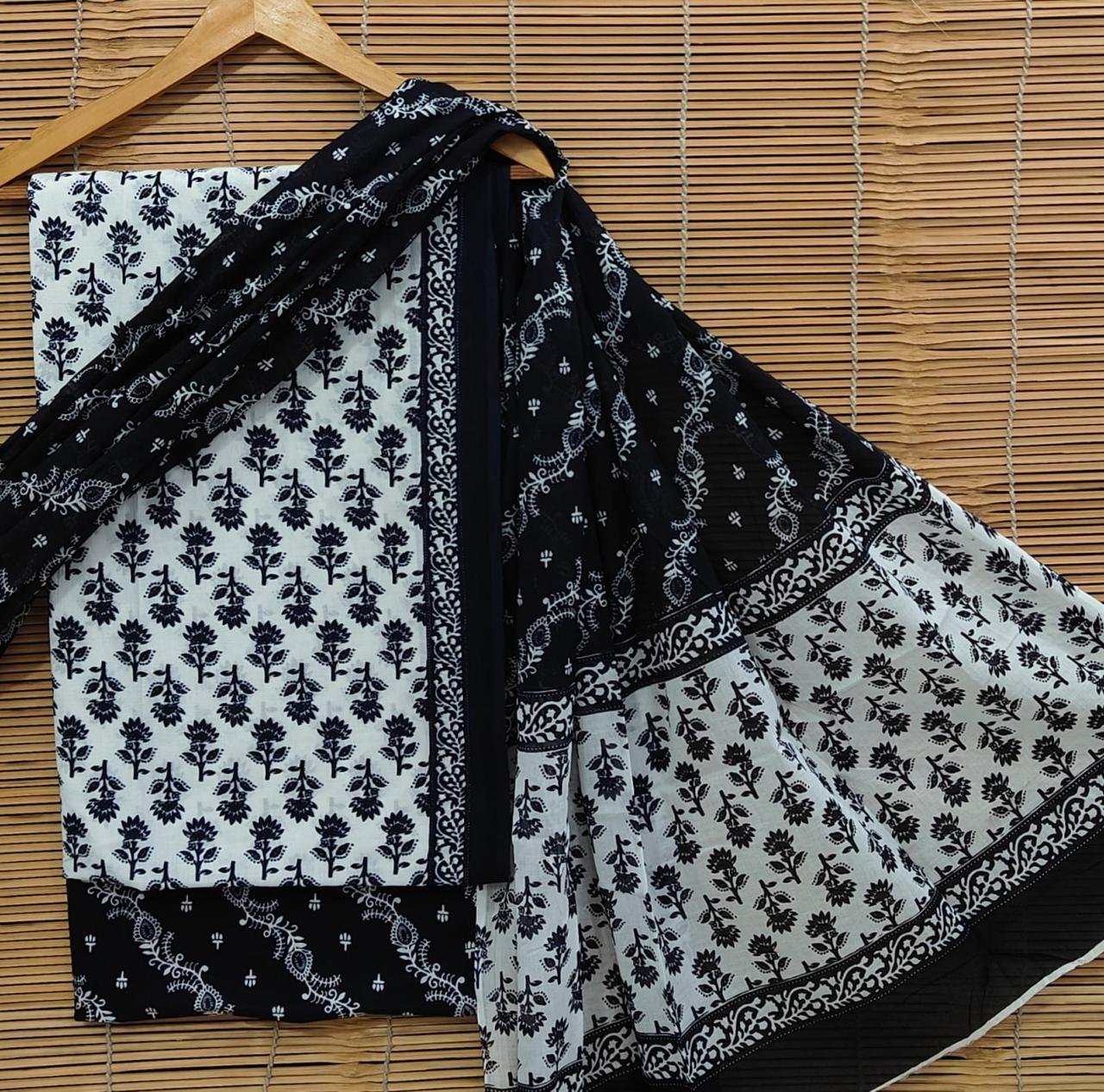 Bagrubazzar Bagru Handblock Printed Cotton Unstitched Suit Set with Cotton Dupatta