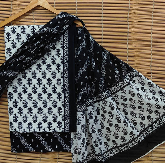 Bagrubazzar Bagru Handblock Printed Cotton Unstitched Suit Set with Cotton Dupatta
