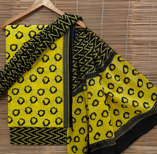Ladies Unstitched Cotton Suit Set With Cotton Dupatta – Handblock Print by Bagrubazzar