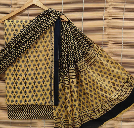 Jaipur Handblock Print Cotton Unstitched Suit Set with Cotton Dupatta for Women