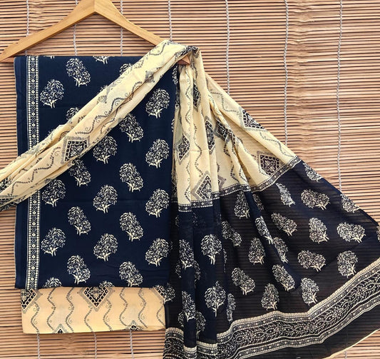 Bagrubazzar Handmade Bagru Hand Brush Paint Cotton Suit with Cotton Dupatta (Unstitched)
