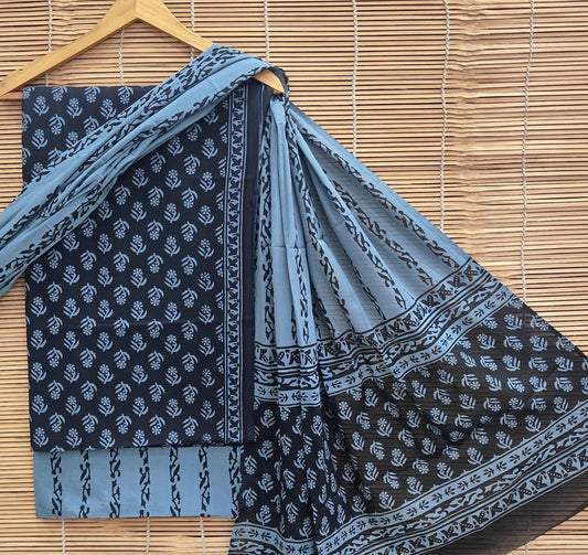 Bagrubazzar Bagru Handblock Print Cotton Suit Set Unstitched with Cotton Dupatta