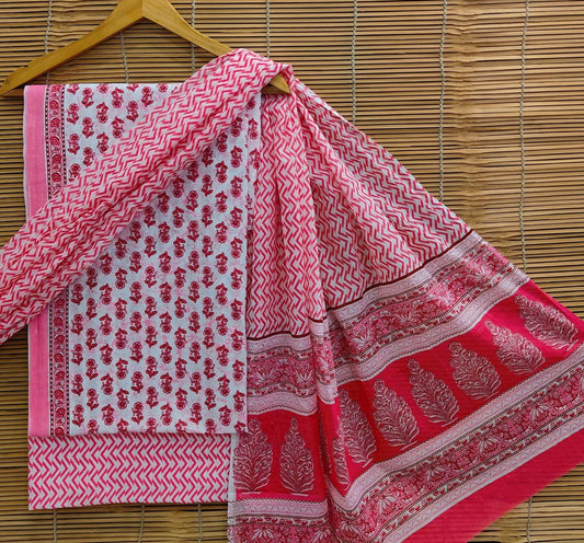 Bagrubazzar Handblock Printed Cotton Suit Unstitched Set for Women with Cotton Dupatta