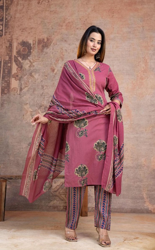 Bagrubazzar Premium Cotton 60x60 Printed Suit Set with Kurta, Pant & Dupatta (BBKF15)