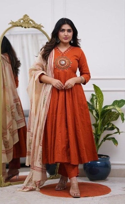 Bagrubazzar Cotton Mirror Work Anarkali Kurta Set with Dupatta & Pant (BBKF17)