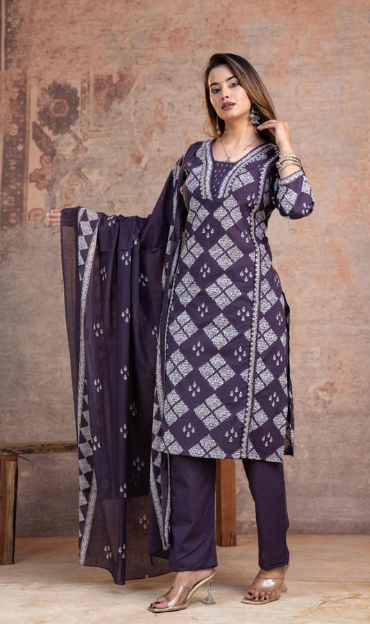 Bagrubazzar Summer Floral Cotton Kurti Pant & Dupatta Set with Embroidery Work (BBKF22)