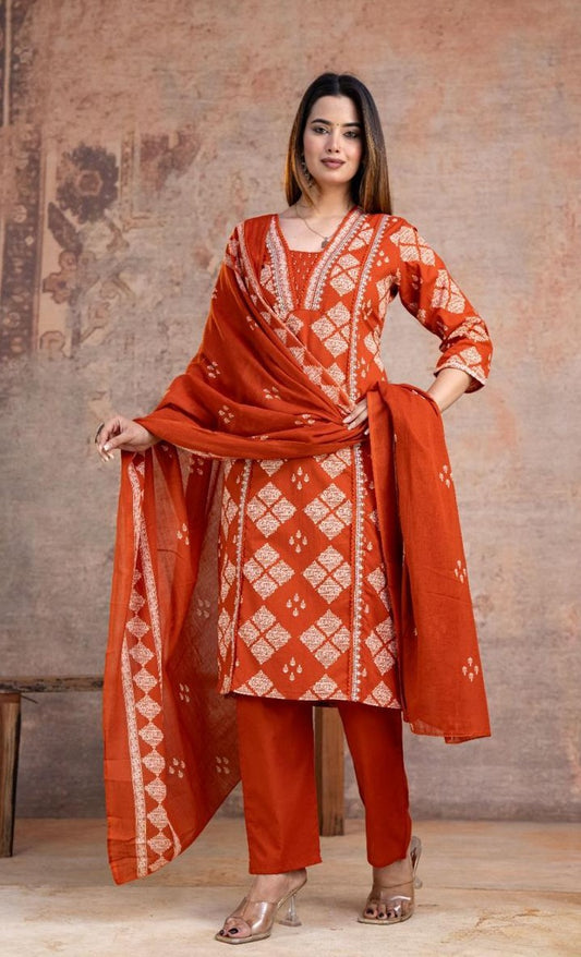 Bagrubazzar Summer Floral Cotton Kurti Pant & Dupatta Set with Embroidery Work (BBKF23)