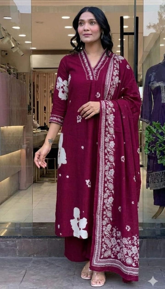 Bagrubazzar Elegant Printed Rust Cotton Straight Suit Set with Mulmul Dupatta (BBKF25)