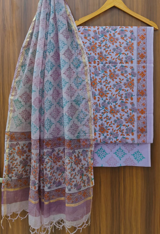 Bagrubazzar Pure Cotton Handblock Printed Suit Set with Kota Doria Dupatta