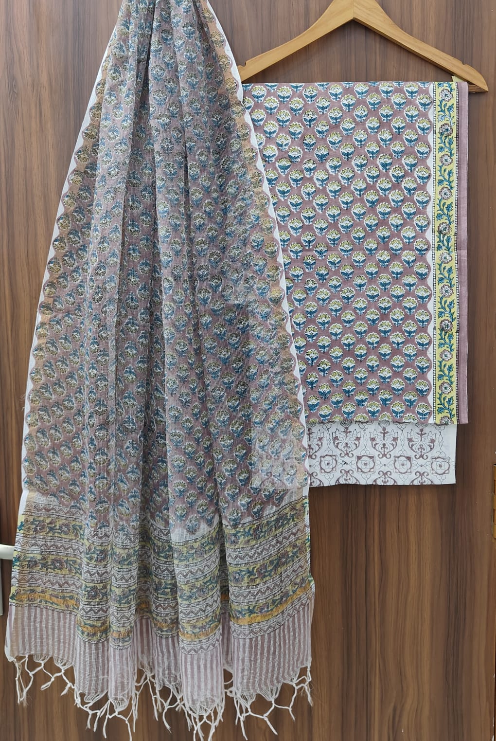 Bagrubazzar Traditional Bagru Print Cotton Unstitched Suit Set with Kota Doria Dupatta