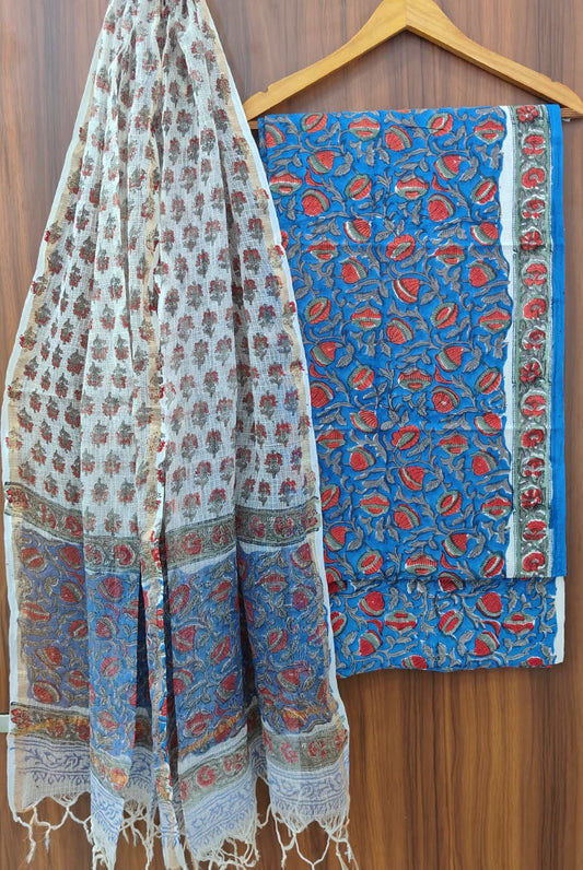 Bagrubazzar Premium Bagru Hand Block Cotton Unstitched Suit with Kota Doria Dupatta