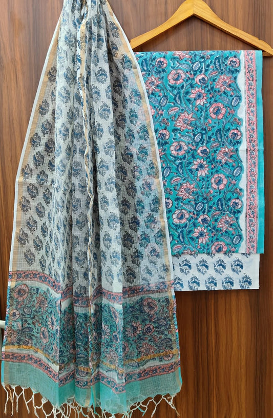 Bagrubazzar Traditional Hand Block Print Cotton Suit with Kota Doria Dupatta | Unstitched Ethnic Suit Set