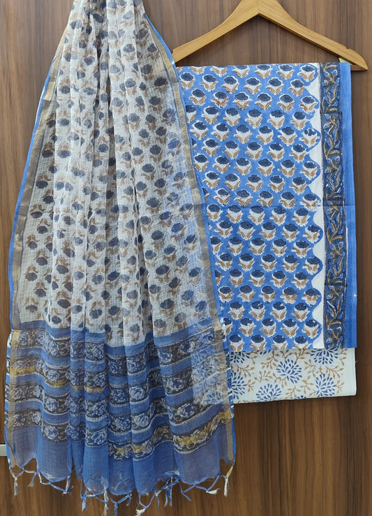 Bagrubazzar Bagru Handblock Print Cotton Unstitched Suit Set with Kota Doria Dupatta