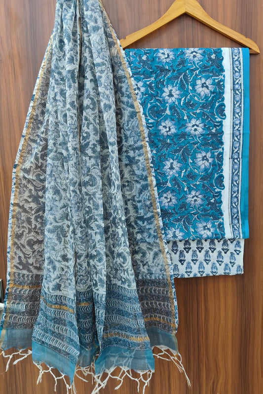 Bagrubazzar Bagru Handblock Printed Cotton Suit Set with Kota Doria Dupatta