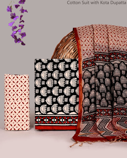 Bagrubazzar Handcrafted Jaipur Block Print Cotton Suit Set with Kota Doria Dupatta
