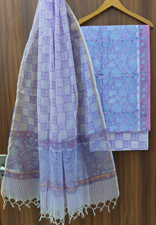 Bagrubazzar Elegant Handblock Printed Cotton Suit Set with Kota Doria Dupatta