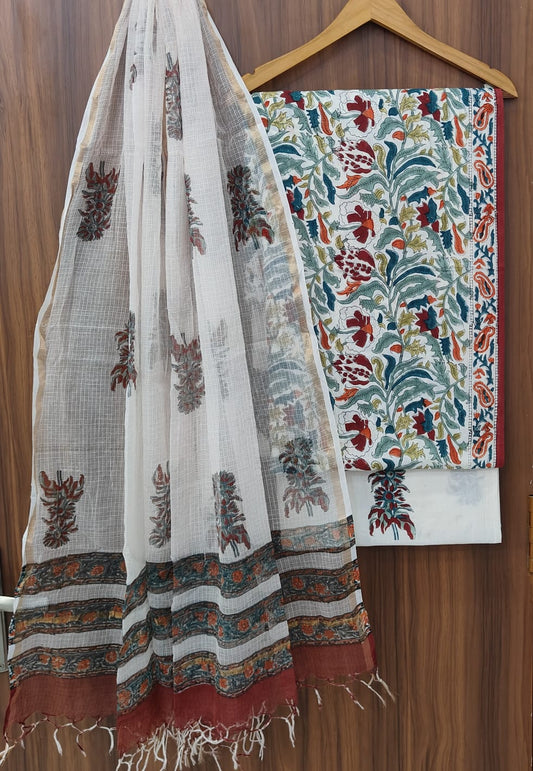 Bagrubazzar Traditional Hand Block Cotton Unstitched Suit Set with Kota Doria Dupatta