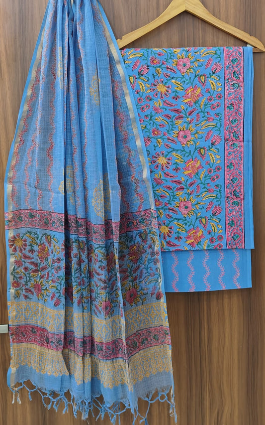Bagrubazzar Handmade Block Print Cotton Suit Set with Kota Doria Dupatta