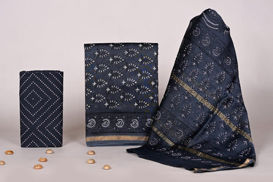 Bagrubazzar Women Handblock Printed Chanderi Silk Suit Set Unstitched with Dupatta