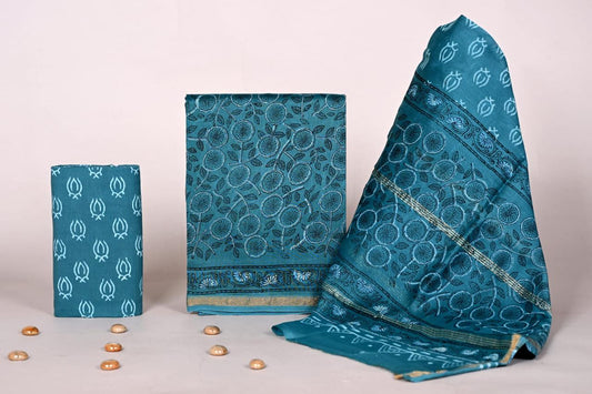 Bagrubazzar Ethnic Handblock Print Chanderi Silk Suit Fabric with Dupatta (Unstitched)