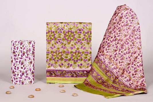 Bagrubazzar Designer Hand Block Printed Chanderi Silk Unstitched Suit Set with Dupatta