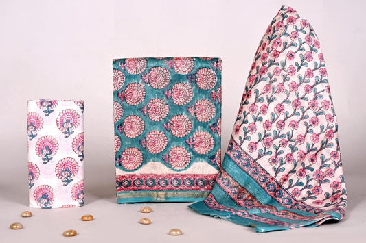 Bagrubazzar Festive Wear Handblock Printed Chanderi Silk Unstitched Suit with Dupatta