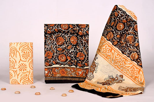 Bagrubazzar Luxury Handblock Print Chanderi Silk Unstitched Suit Set with Dupatta for Women