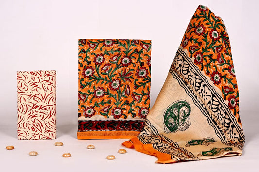 Bagrubazzar Traditional Indian Handblock Print Chanderi Silk Suit Material with Dupatta