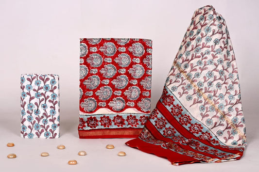 Bagrubazzar Women’s Handblock Print Chanderi Silk Suit Set – Unstitched Ethnic Outfit