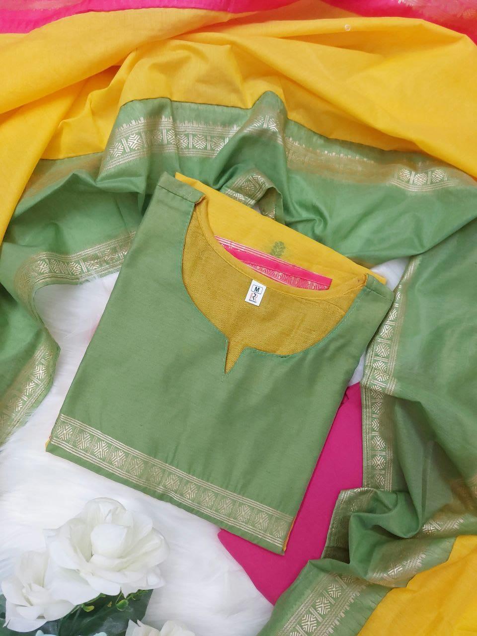 Bagrubazzar Varanika/Kasturi Premium Kanchi Cotton Suit Set – Elegant Yellow Ethnic Wear for Women (BBKF32)