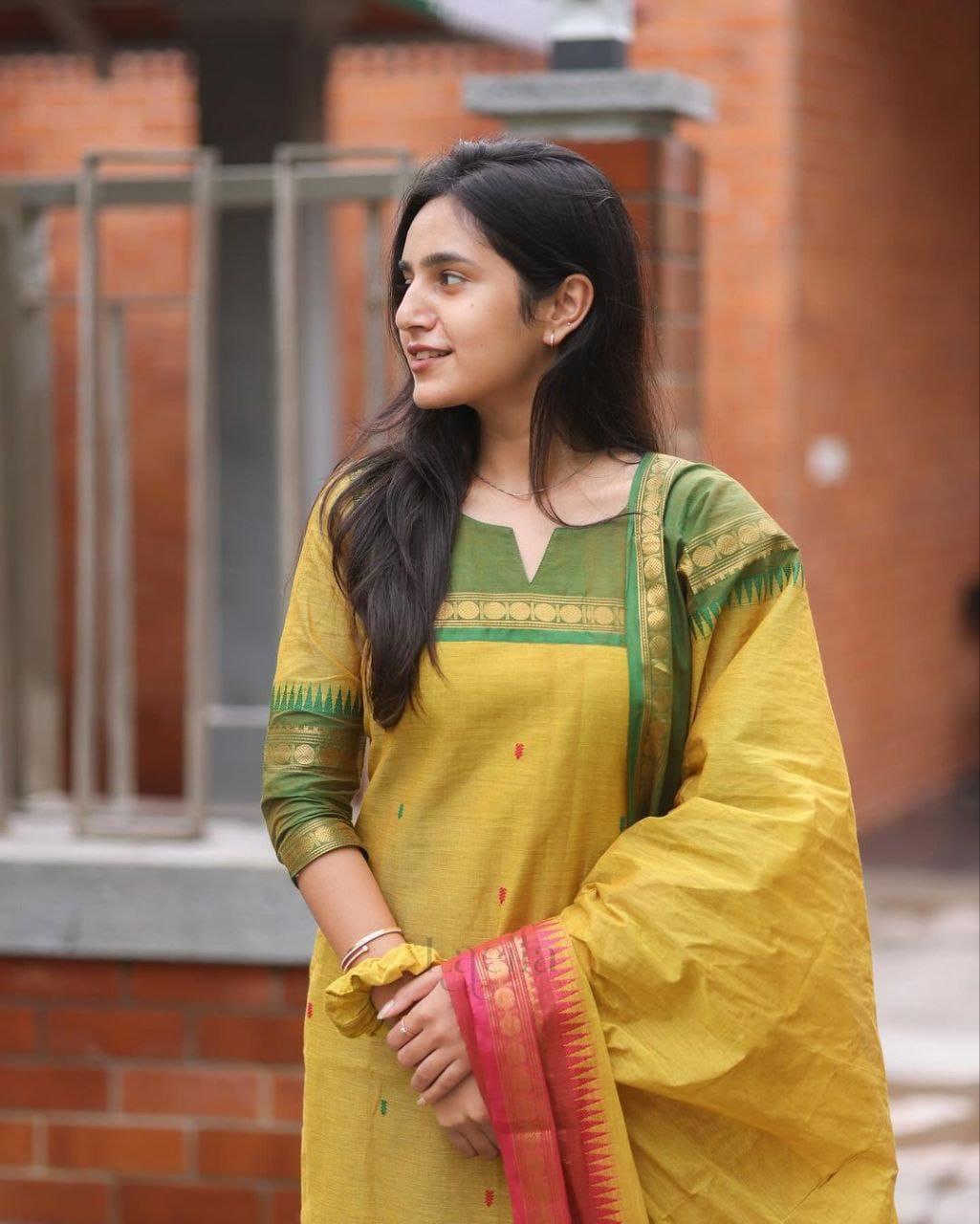 Bagrubazzar Varanika/Kasturi Premium Kanchi Cotton Suit Set – Elegant Yellow Ethnic Wear for Women (BBKF32)