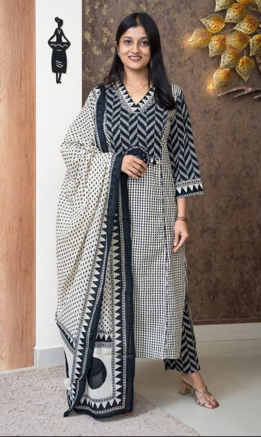Bagrubazzar Bagru Print Cotton Kurta Pant Dupatta Set with Embroidery & Codi Beads Work (BBKF33)