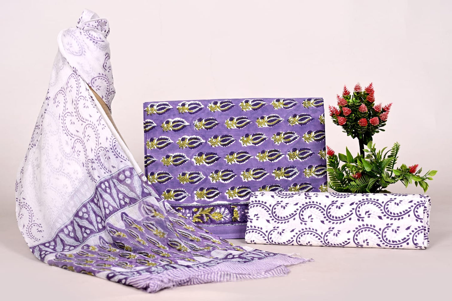 Women’s Jaipur Handblock Cotton Dress Material with Chiffon Dupatta (Unstitched Suit Set)