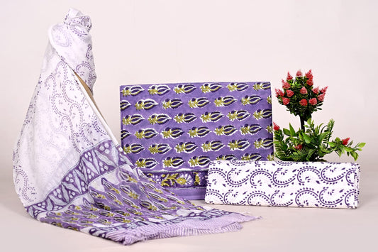 Women’s Jaipur Handblock Cotton Dress Material with Chiffon Dupatta (Unstitched Suit Set)