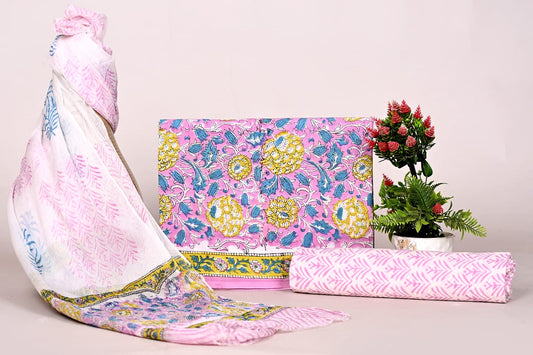 Traditional Handblock Printed Cotton Suit Set with Chiffon Dupatta – Unstitched Ethnic Wear