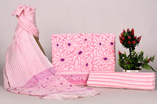 Jaipur Hand Block Print Cotton Unstitched Suit Set with Chiffon Dupatta for Women