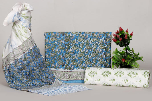 Traditional Hand Block Print Cotton Salwar Suit with Chiffon Dupatta