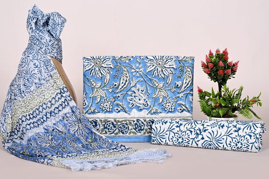 Handblock Cotton Suit Unstitched with Designer Chiffon Dupatta