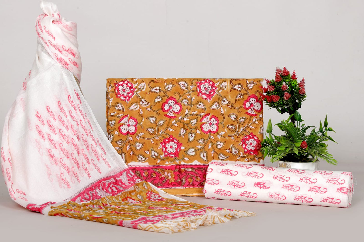 Women’s Handblock Cotton Unstitched Suit Set with Soft Chiffon Dupatta