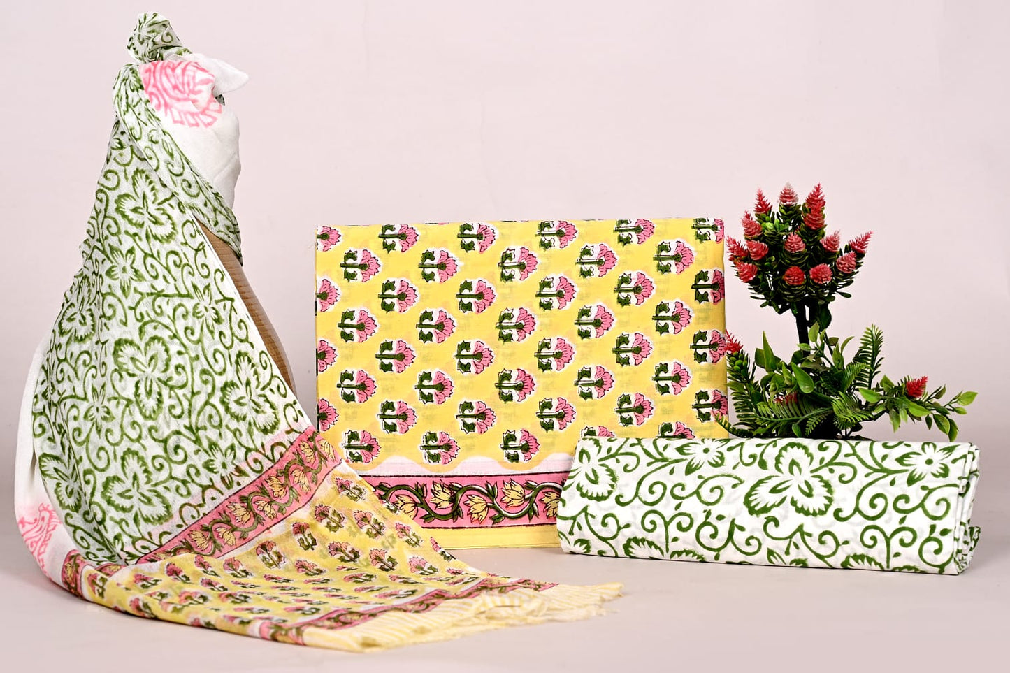 Premium Unstitched Handblock Cotton Salwar Suit with Designer Chiffon Dupatta