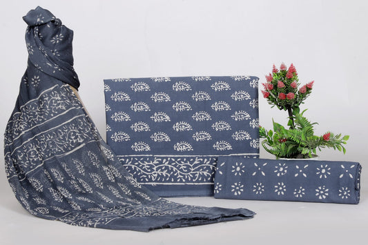 Handcrafted Handblock Printed Cotton Suit Fabric with Chiffon Dupatta for Women